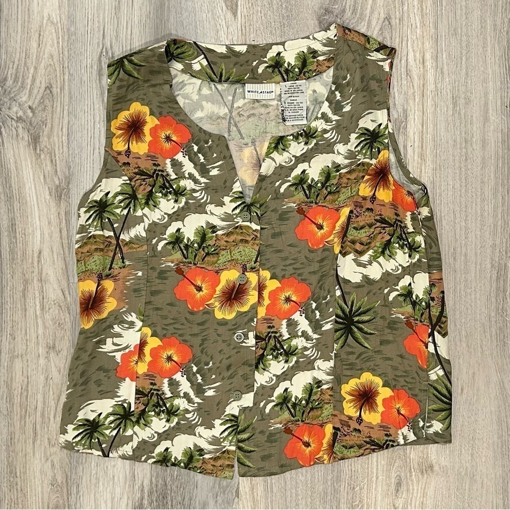 Vintage 90s Y2K White Stag Sleeveless Button Up Top Floral Hawaiian Size L
